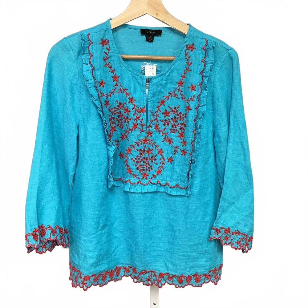 J.Crew XS Linen Blouse Blue and Red embroidered with 3/4 sleeves . NWT XS